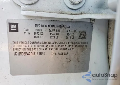 2013 Chevrolet Volt z USA, uszkodzony, nr VIN 1G1RD6E47DU121660